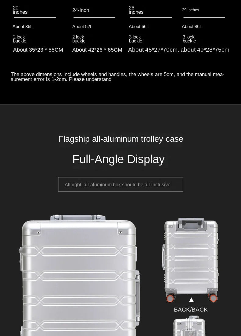 High Quality Senior Travel Luggage 100% Aluminum-magnesium Alloy Material  20/24/26/28 Size Spinner Brand Travel Suitcase