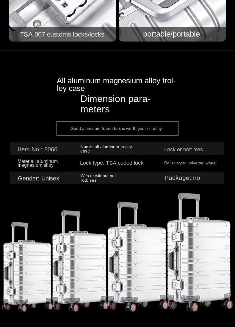 High Quality Senior Travel Luggage 100% Aluminum-magnesium Alloy Material  20/24/26/28 Size Spinner Brand Travel Suitcase